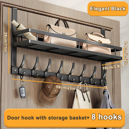 Over Door Hook Rack Metal | No Drill Behind Door Organizer with 5 6 8 Hooks for Clothes Bags Keys Towels – Space-Saving Wall Mount Storage