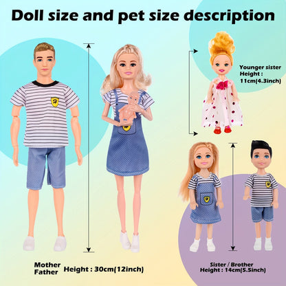 Family Doll Set with Pets & Accessories, 6 Poseable Collectible Dolls with Puppies, Handcart & Changeable Clothes