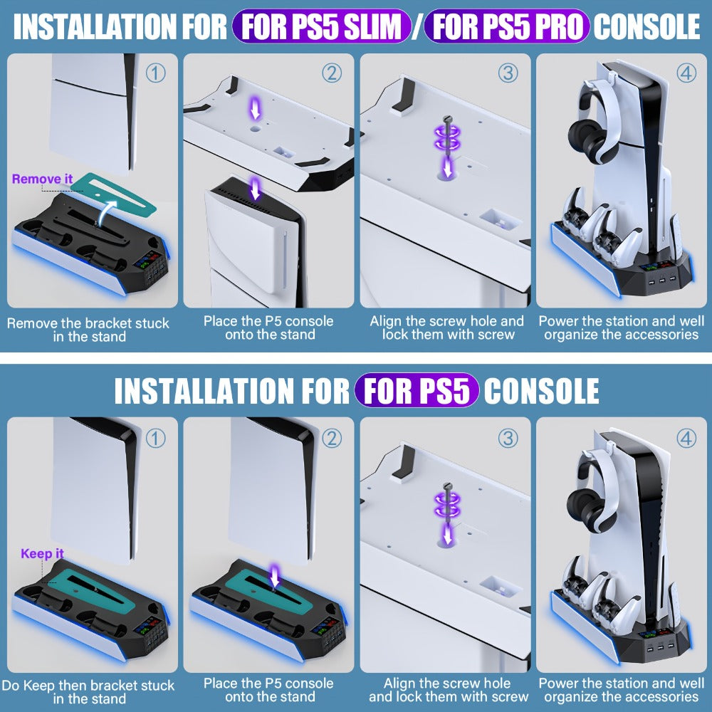 Headset Holder PS5 Cooling Stand with RGB Light, 3-Level Fan, Controller Charger & 3 USB Ports