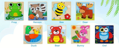 Baby Animal Wooden Puzzles for Toddlers 8 Pack, Infant Learning Toy 12 Months+, Bear Bunny Owl Frog Bee Duck Moose Raccoon