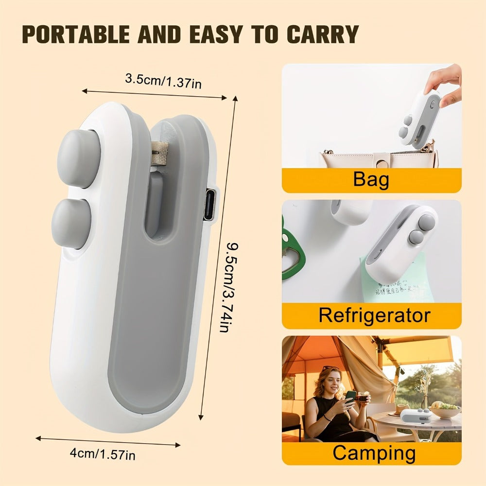 Mini Bag Sealer Two-Pack in White with USB-C Charging, Heat-Seal Button, Cutter and Magnetic Back