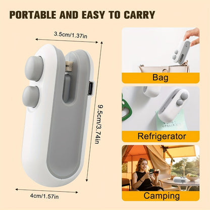 Mini Bag Sealer Two-Pack in White with USB-C Charging, Heat-Seal Button, Cutter and Magnetic Back