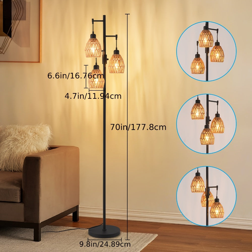 Boho Rattan Floor Lamp Dimmable, 3-Light Stepless Dimming Standing Lamp with Natural Rattan Shade & Metal Base for Living Room