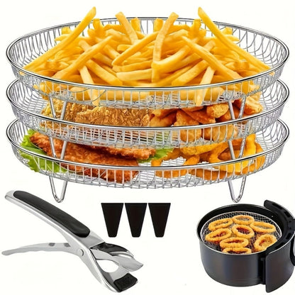 Seven-Piece Round Air Fryer Rack Set with Three Stackable Trays, One Handling Tool and Three Grips