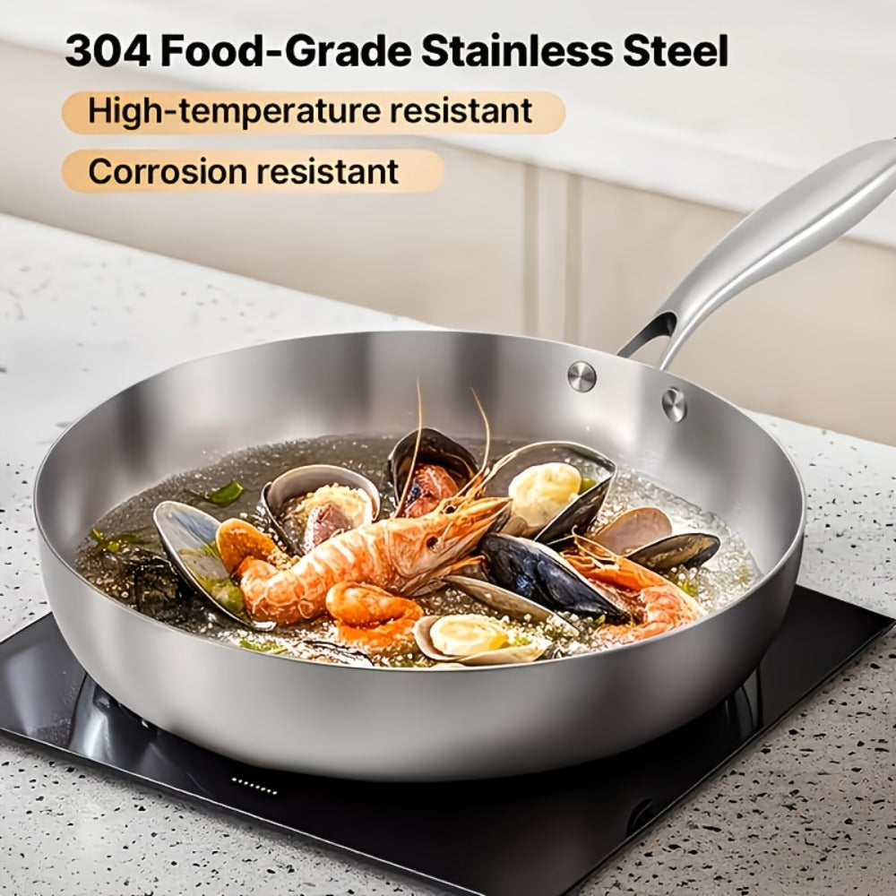 304 Stainless Steel Frying Pan 11 Inch Triply Base, Handle Even Heat Distribution for Home Cooking, Dining and Outdoor Meals