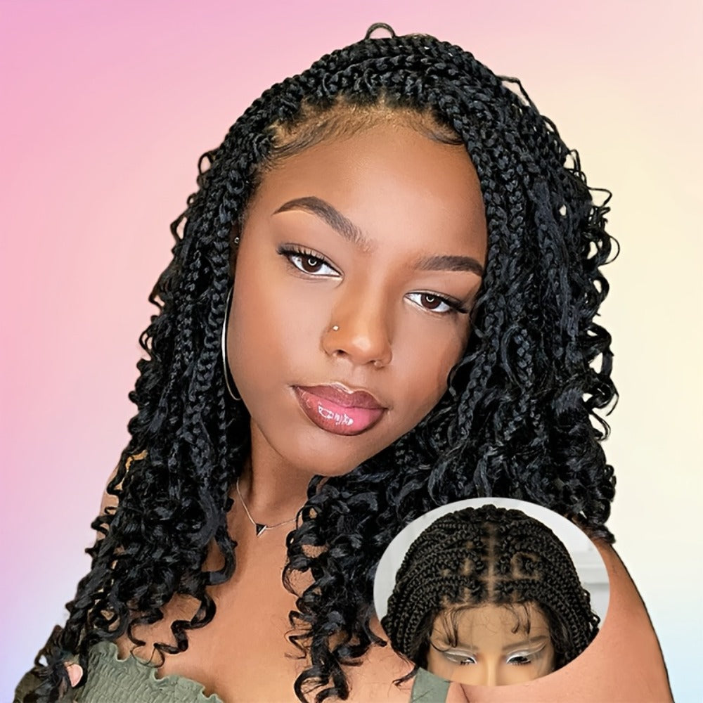 Sixteen-Inch Braided Wig with Full Lace Cap, Curly Ends and Four Black or Multicolor Checkout Options