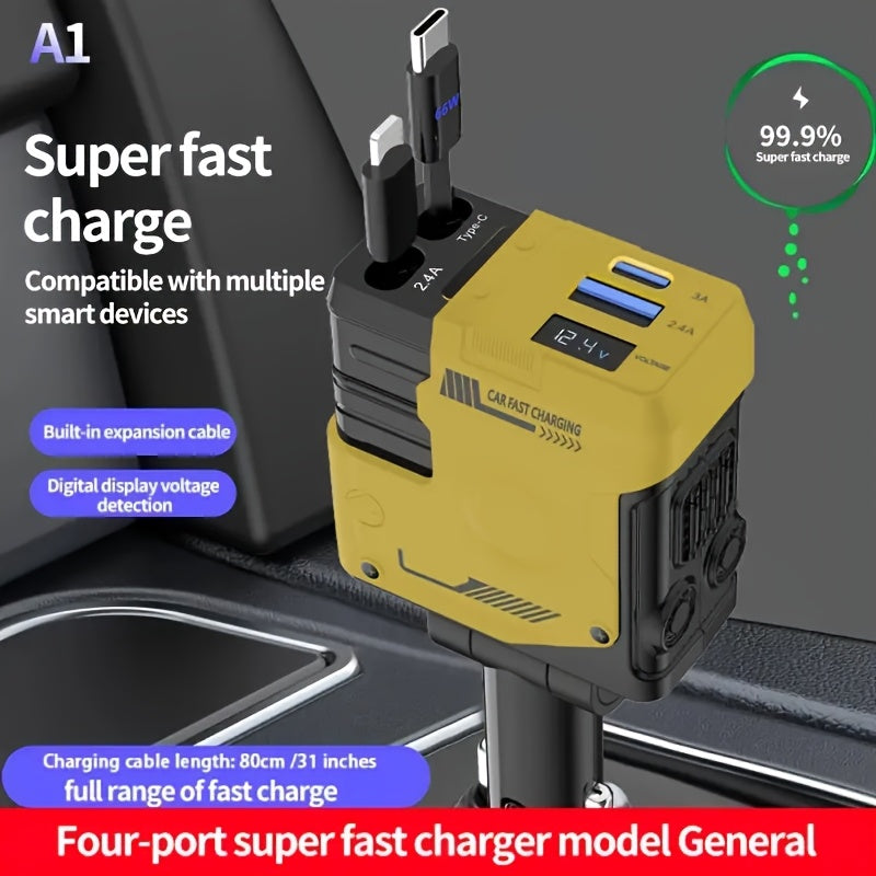 Dual Retractable Cable Car Charger 4-in-1 with Lightning & Type-C 31in, 2 USB-A Ports & Voltage Supervision