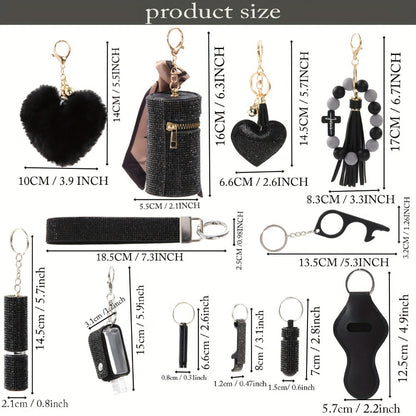 Rhinestone Keychain Set for Women 13-Piece with the Listed Color, Size or Set Options for Everyday Use