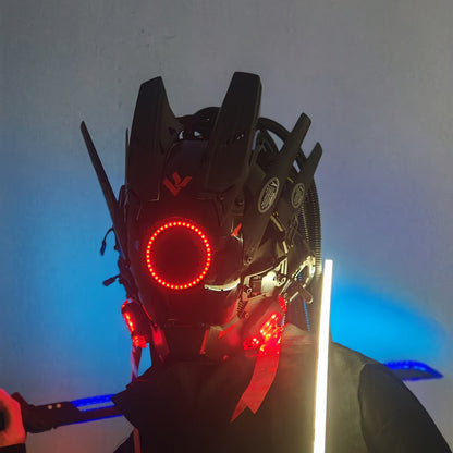 LED Cyberpunk Samurai Mask with Braids, Futuristic Sci-Fi Mechanical Face Mask for Halloween, Cosplay