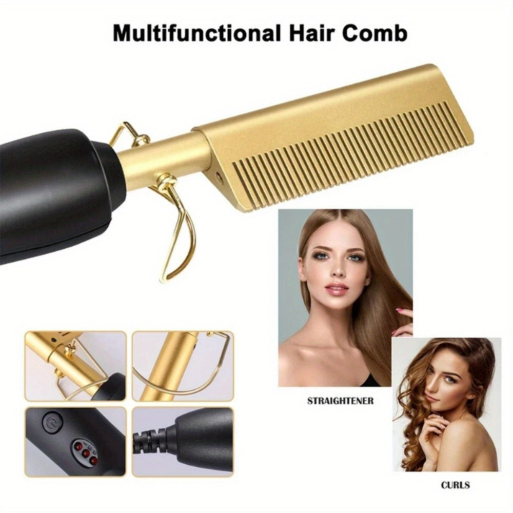 Electric Hot Comb Hair Straightener Ceramic Copper Heating Plate Portable Heat Press Comb for Home, Travel and Salon Hair Styling