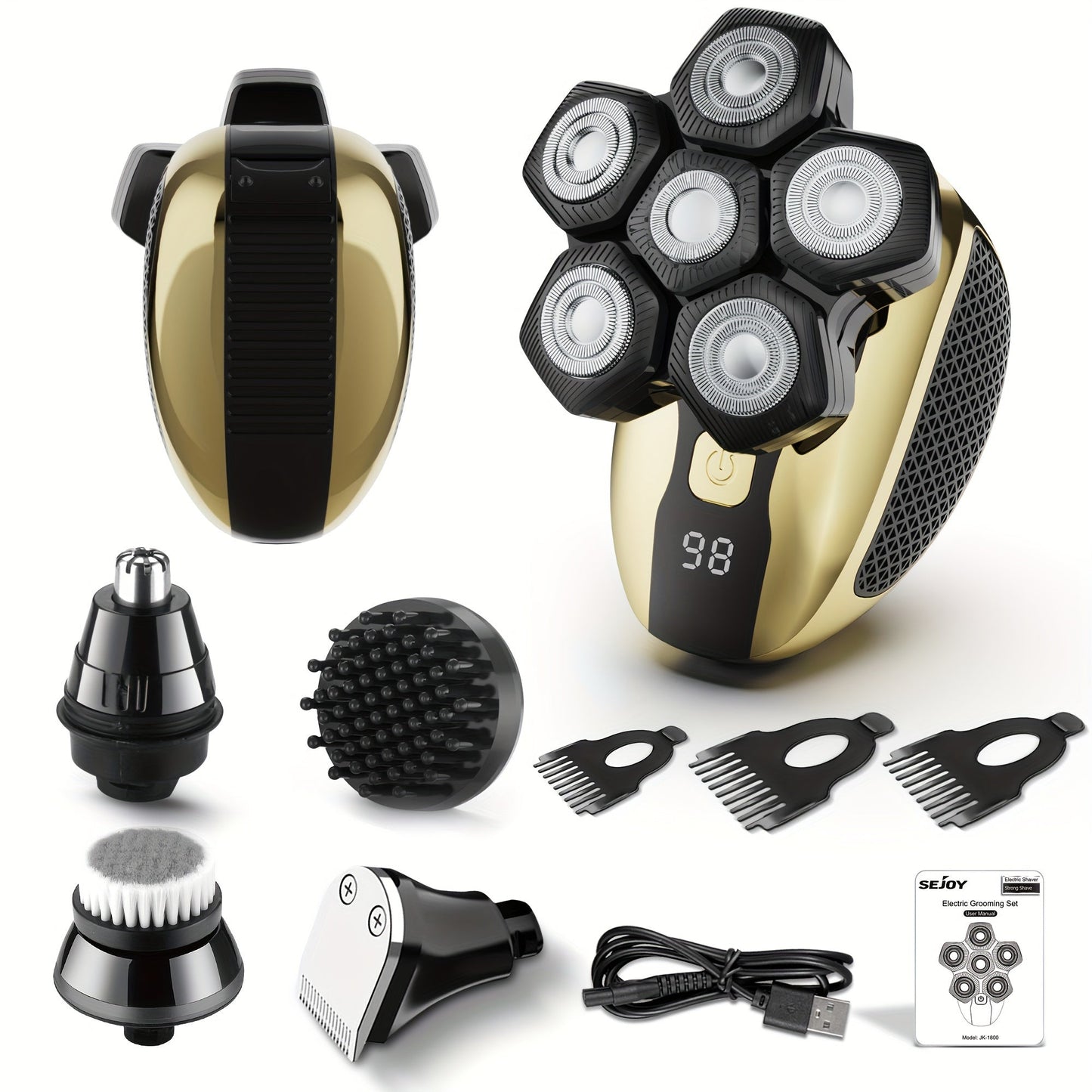 Electric Head Shaver for Bald Men 7D 7 Floating Heads – All-in-One Grooming Kit with Nose Hair Trimmer & Facial Cleaning Brush