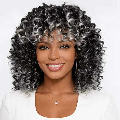 Synthetic Wig 14-Inch Deep-Wave Curly Bob with Bangs, Glueless Elastic-Band Cap for Daily Styling