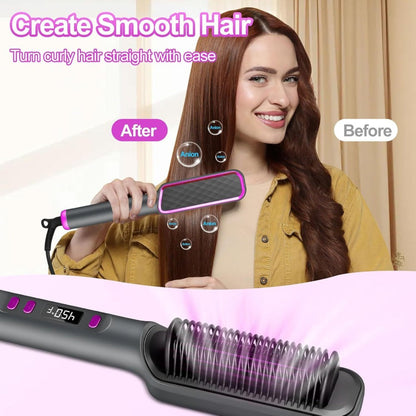 2-in-1 Hair Straightener & Curler LCD Display – 35-Second Fast Heat 4-Speed Temperature Anti-Scald Flat Iron Brush for Women with 2 Hairpins