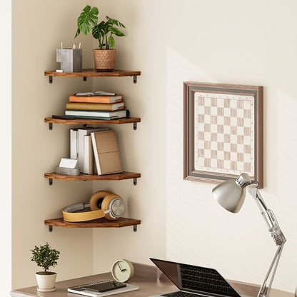 Corner Wall Shelf Set with 13.9-Inch Front Edge, Brown, Black or White Finish and 2, 4 or 6 Pieces