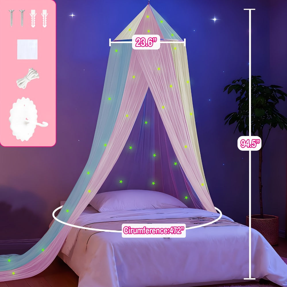 Bed Canopy for Girls Princess Rainbow Glow in the Dark Stars Colorful Canopy Curtain Fits for Entryways, Bedrooms and Living Spaces