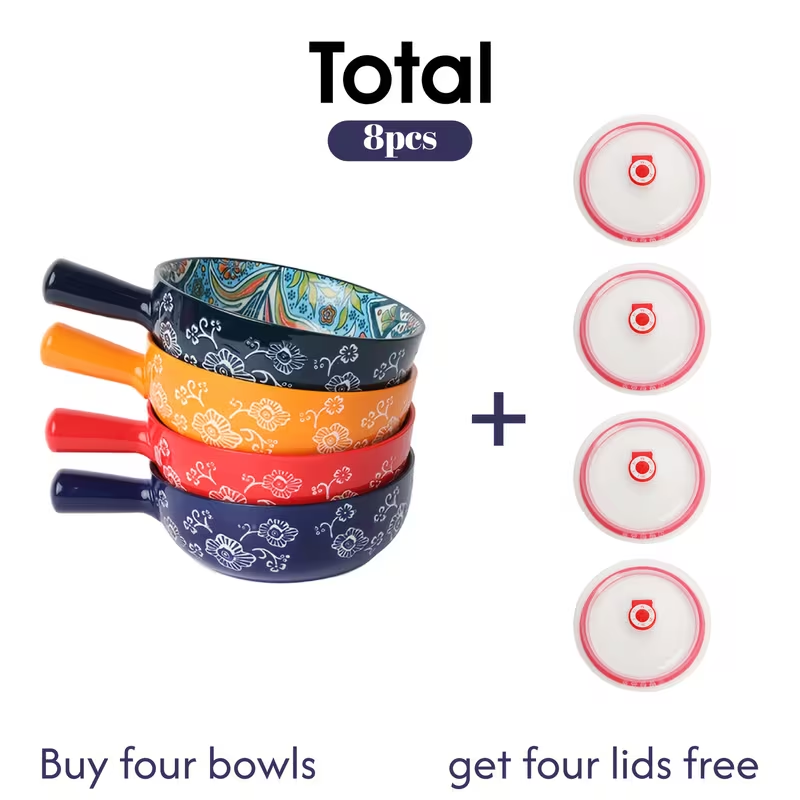 Ceramic Bowl Set with Lids 8-Piece Bohemian Soup Noodle Salad Bowls, for Home Cooking, Dining and Outdoor Meals
