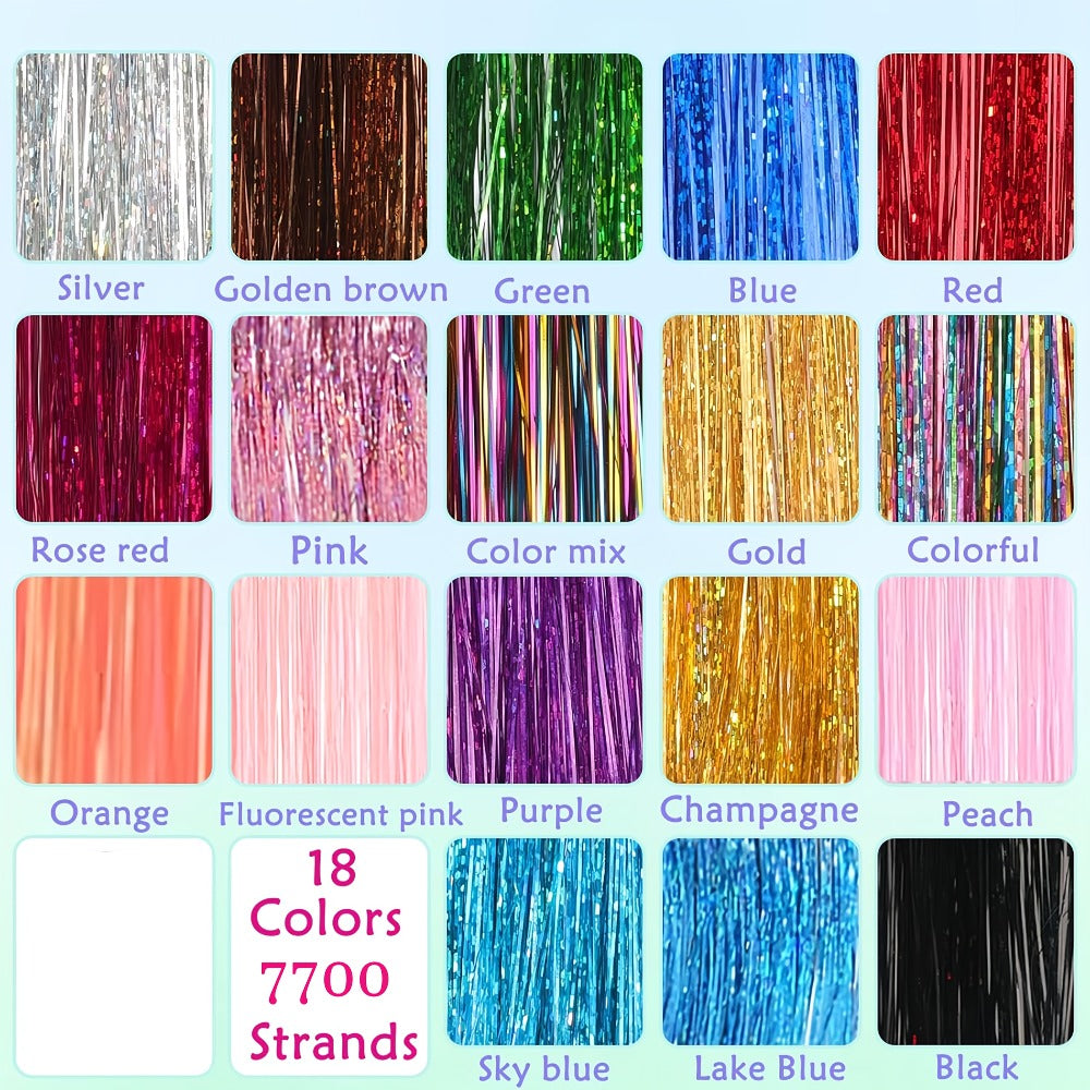 Hair Tinsel Extensions Kit 7700 Strands 18 Glitter Colors 48 Inch – Fairy Hair Tinsel with Micro Beads & Loop Tool for Women Girls Party