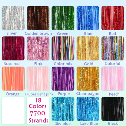 Hair Tinsel Extensions Kit 7700 Strands 18 Glitter Colors 48 Inch – Fairy Hair Tinsel with Micro Beads & Loop Tool for Women Girls Party