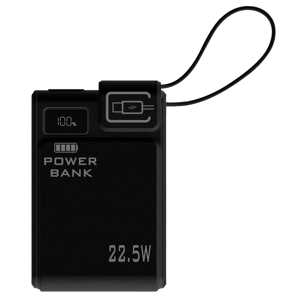 10000mAh Power Bank with 22.5W Label, Built-In USB-A and USB-C Cables, Three Outputs and Display