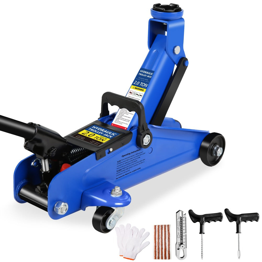 Hydraulic Floor Jack Kit 2/2.5/3 Ton Low Profile Trolley Jack with Jack Stands, Tire Repair Kit, Wheel Wrench & Wheel Chock Combo – Red/Blue