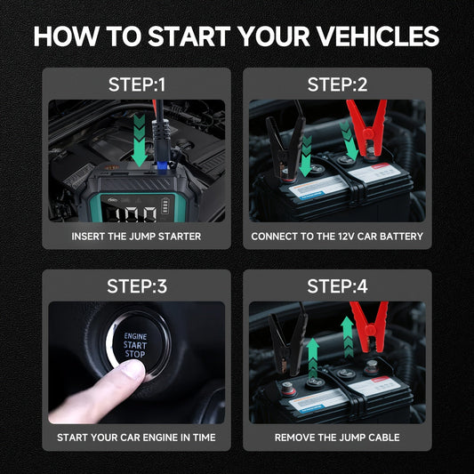 10000A Car Jump Starter with 12V Clamps, LED Light and Optional Integrated Air Pump in Red, Green or Gray