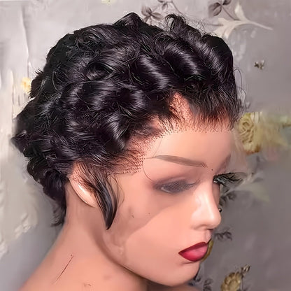 Pixie Cut Wig Human Hair 13x4 HD Lace Front Short Curly Body Wave Loose Deep Wave Finger Wave, for Home, Travel and Salon Hair Styling