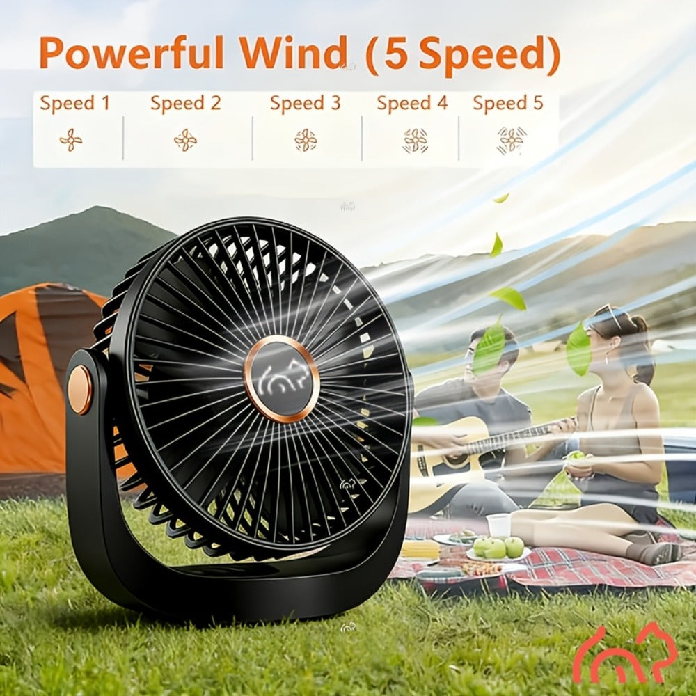 Portable Fan USB-Rechargeable Five-Speed Model with Desk, Wall, Ceiling and Hanging Placement Options