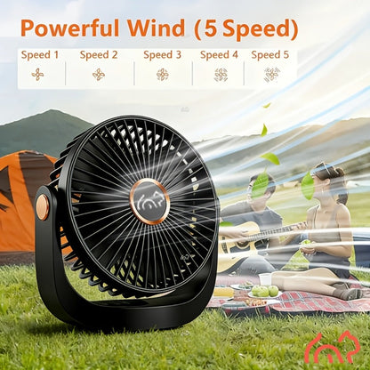 Portable Fan USB-Rechargeable Five-Speed Model with Desk, Wall, Ceiling and Hanging Placement Options