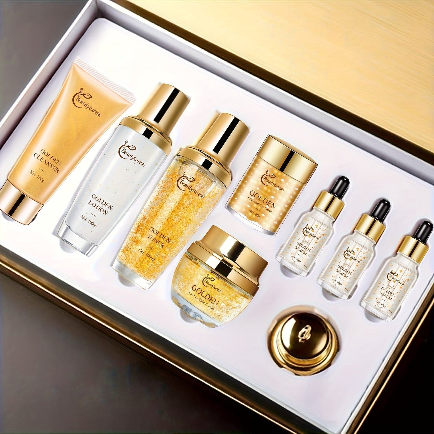 Skincare Set with Beautyluress Label, 9 Collagen and Hyaluronic Acid Cleanser Serum and Cream Items