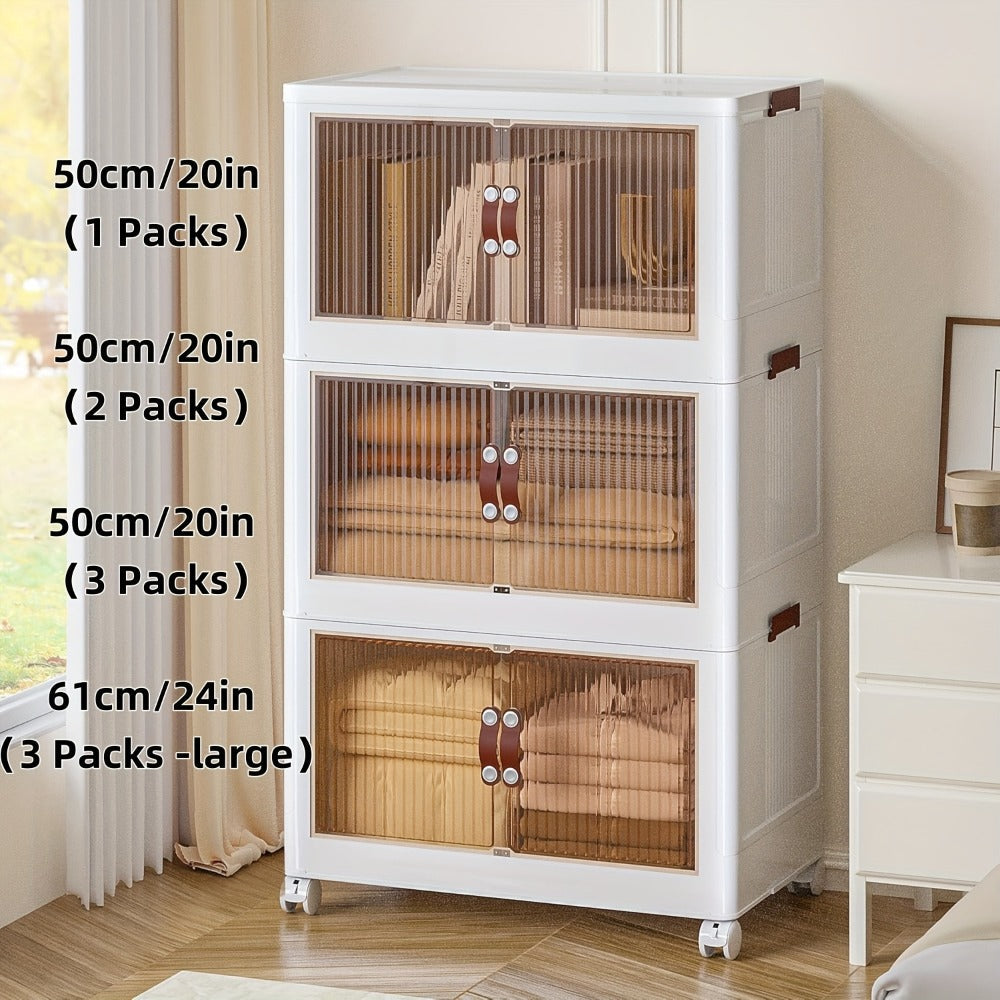 Front-Door Stackable Storage Bin Cabinets with Wheels in One-, Two- or Three-Pack Options for Home Use