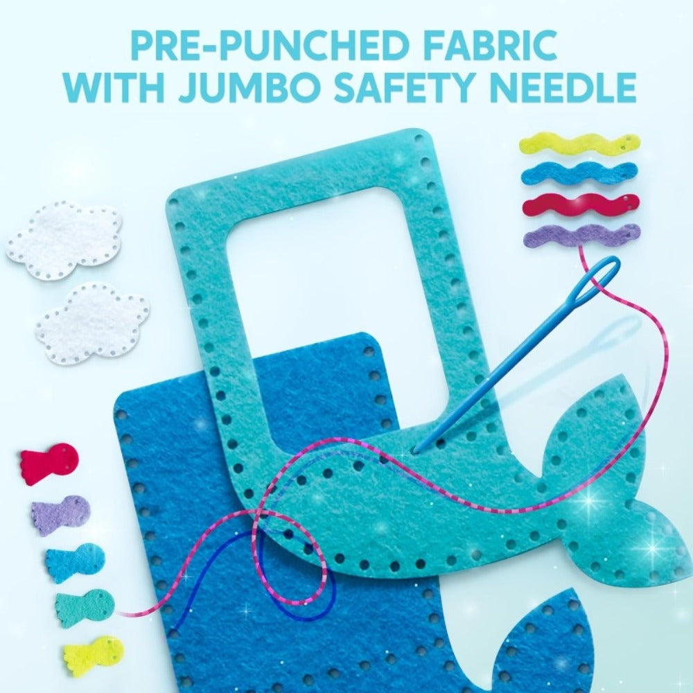Kids Sewing Kit for Beginners 7 Felt Craft Projects, Pre-Punched Holes Safe Needles Mini Pillow Keychain Card Holder Cup Sleeve