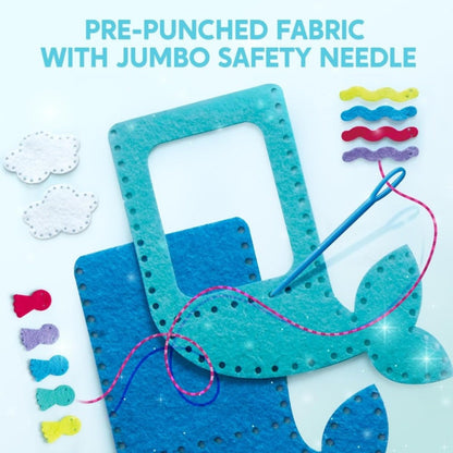 Kids Sewing Kit for Beginners 7 Felt Craft Projects, Pre-Punched Holes Safe Needles Mini Pillow Keychain Card Holder Cup Sleeve