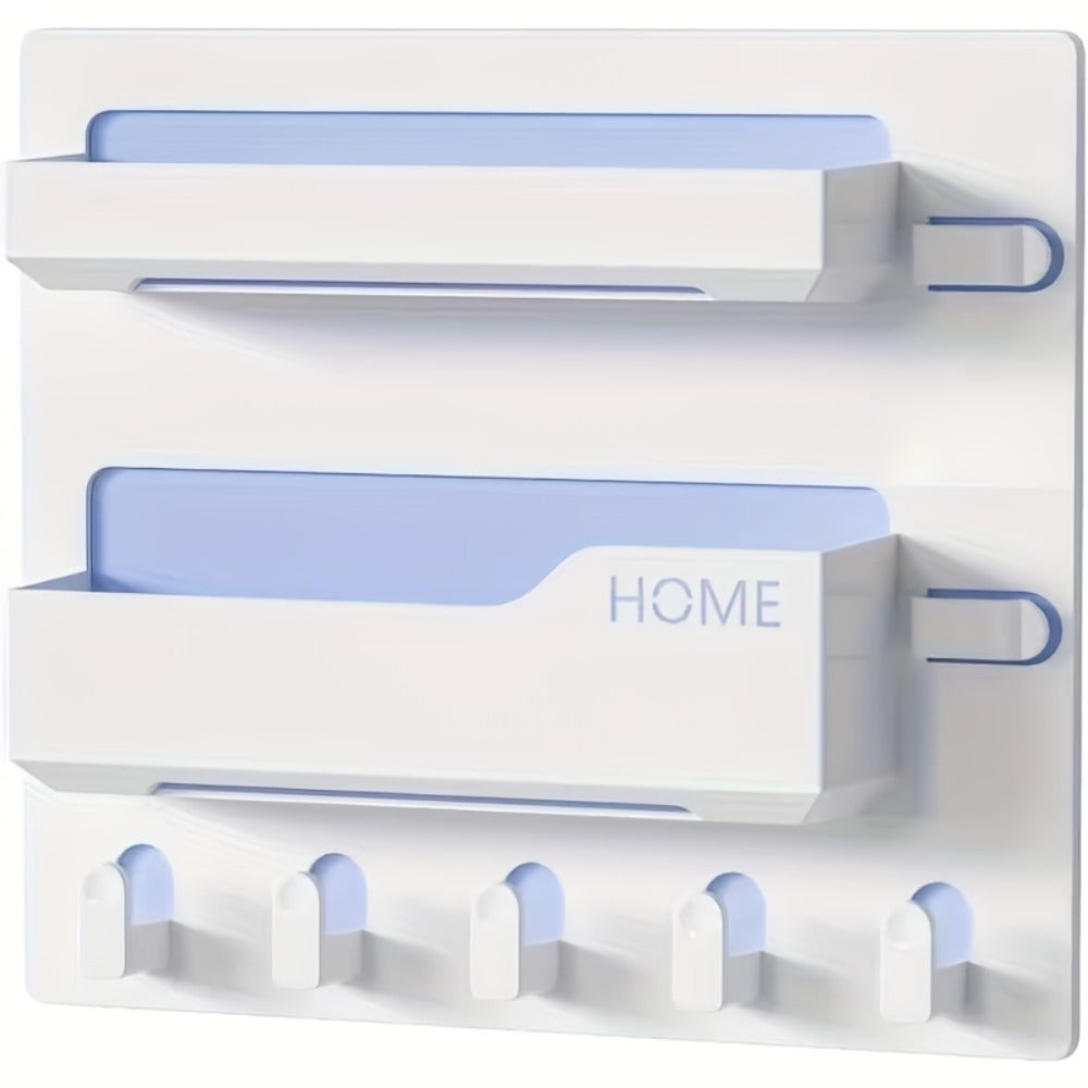 Self-Adhesive Bedside Wall Organizer Shelf with Dual Trays, Five Hooks and Black or White Finish