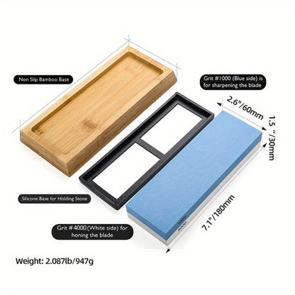 Knife Sharpening Stone 1000/4000 Grit Whetstone Set with Bamboo Base and Angle Guide for Home Cooking, Dining and Outdoor Meals