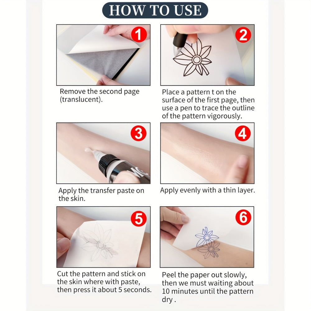 Tattoo Stencil Transfer Kit, 2x Transfer Gel, 10x A4 Blank Thermal Stencil Paper & 1x Pre-Drawn Pattern Sheet