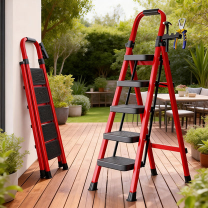 Folding Step Ladder 3 5 Step Steel Anti-Slip Wide Treads Handrail Safety Lock Portable for Home Cooking, Dining and Outdoor Meals