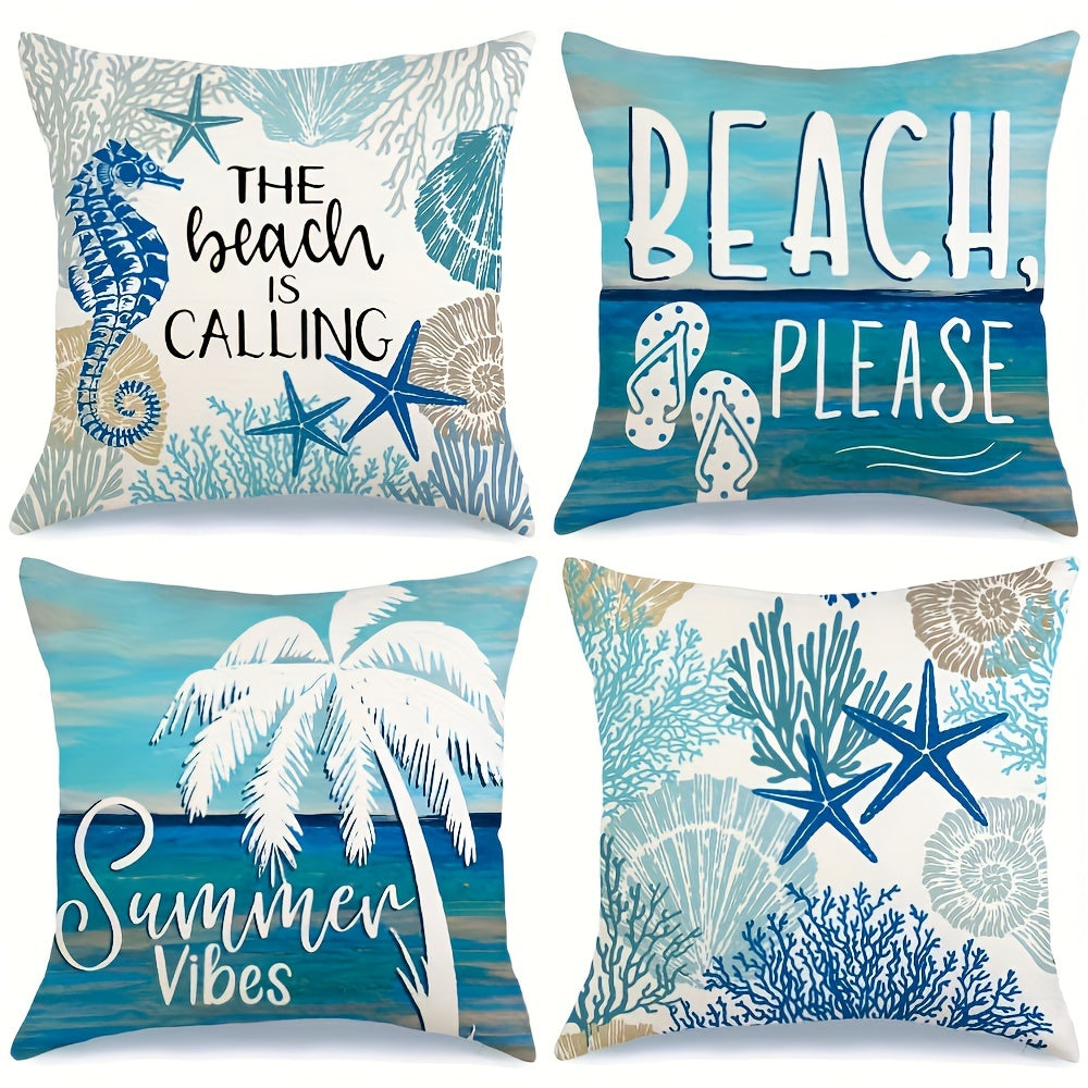 Four-Piece Coastal Pillow Cover Set, 18 x 18 Inches with Palm, Coral, Starfish and Beach Typography Designs