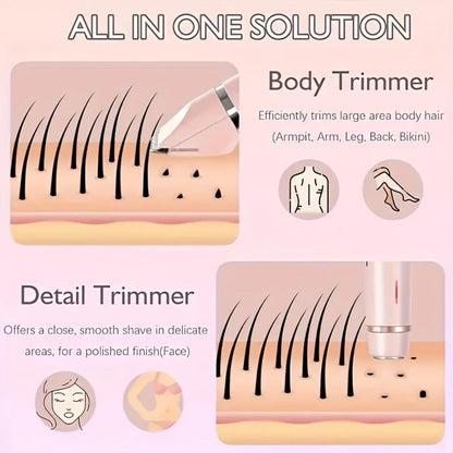 Bikini Trimmer Electric 2-in-1 Rechargeable Dual-Head Face Shaver for Women – Stainless Steel Blade USB Cordless Hair Remover for Bikini