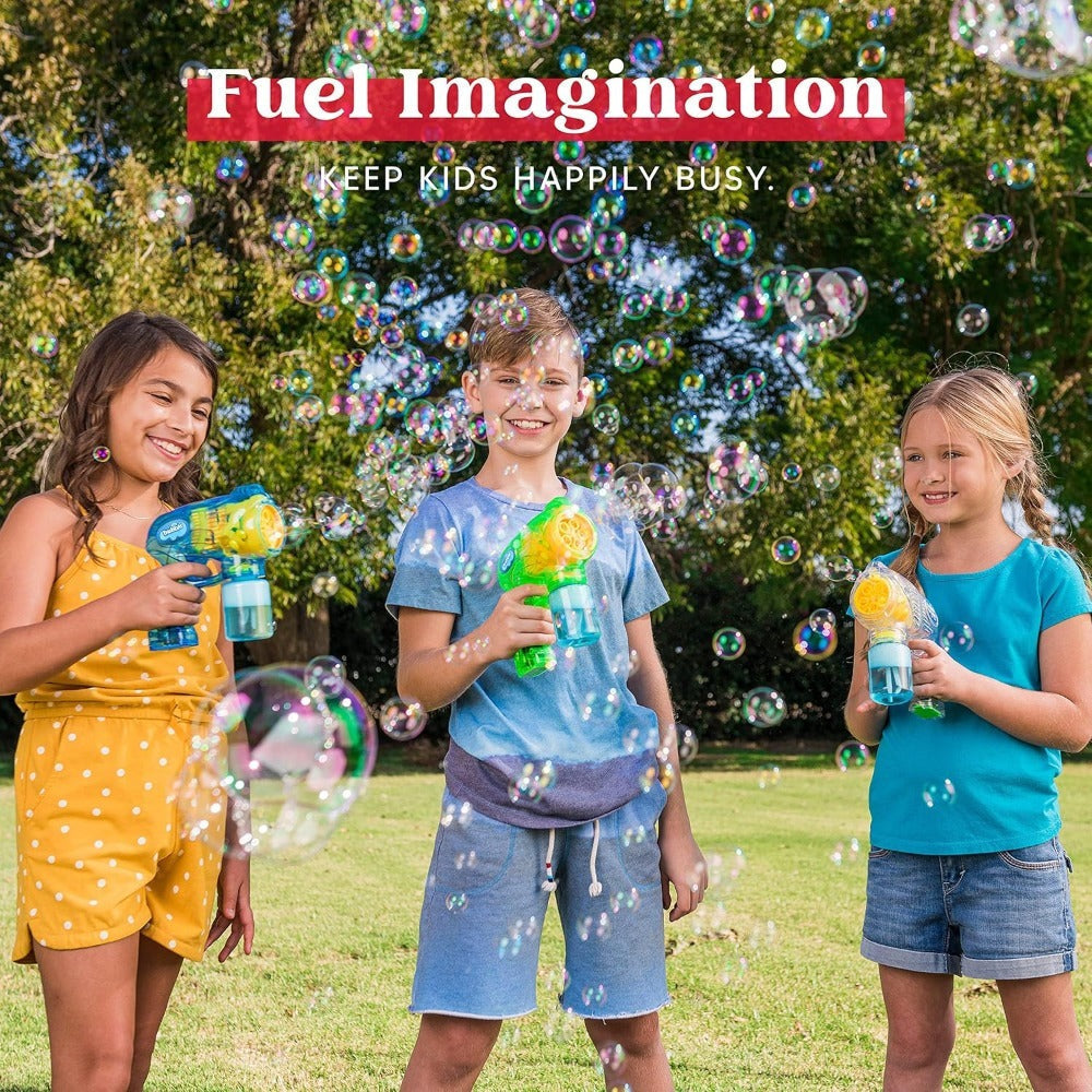 3-Pack Bubble Gun Blower with 3 Pre-Loaded Solution Refills, Hand-Powered, Color-Changing Bubbles