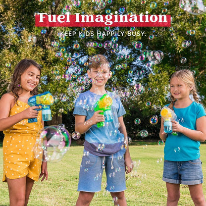 3-Pack Bubble Gun Blower with 3 Pre-Loaded Solution Refills, Hand-Powered, Color-Changing Bubbles