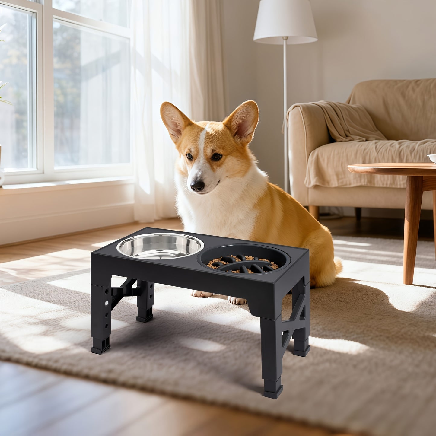 Elevated Dog Bowl Stand with 3 Stainless Steel Bowls – 5 Adjustable Heights, Slow Feeder Design for Small Medium Large Dogs | Anti-Slip