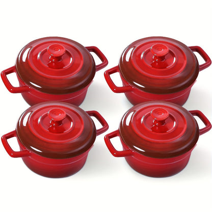 Mini Cocotte Ceramic Casserole Dishes Set of 4 with Lids and Handles - 12oz Baking Ramekins Microwave Cookware