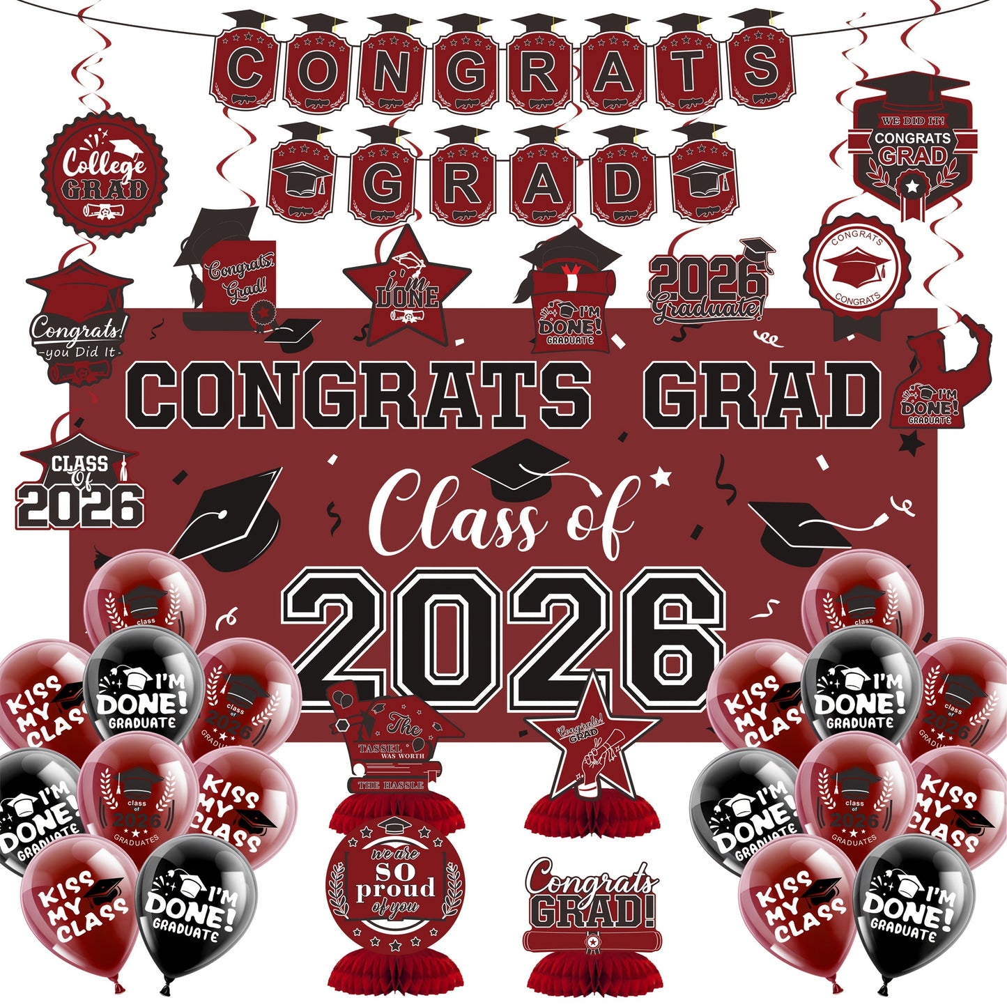 Class of 2026 Graduation Decoration Set with Letter Banner, Hanging Pieces and Six Color Options
