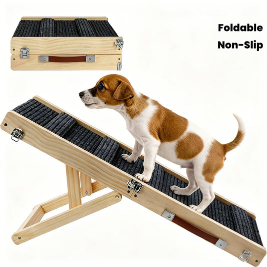 Foldable Dog Ramp for Couch & Bed – Adjustable Height 13–21 Inch, Non-Slip Pad & Wood Base, Portable Pet Stairs for Small Dogs