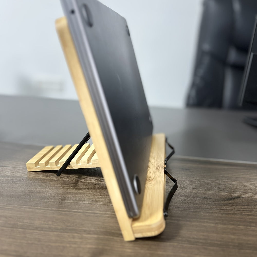 Bamboo Book Stand Adjustable Foldable Portable Reading Stand with Page Clips for Cookbook Tablet E-Reader Textbook Sheet Music Desk Holder