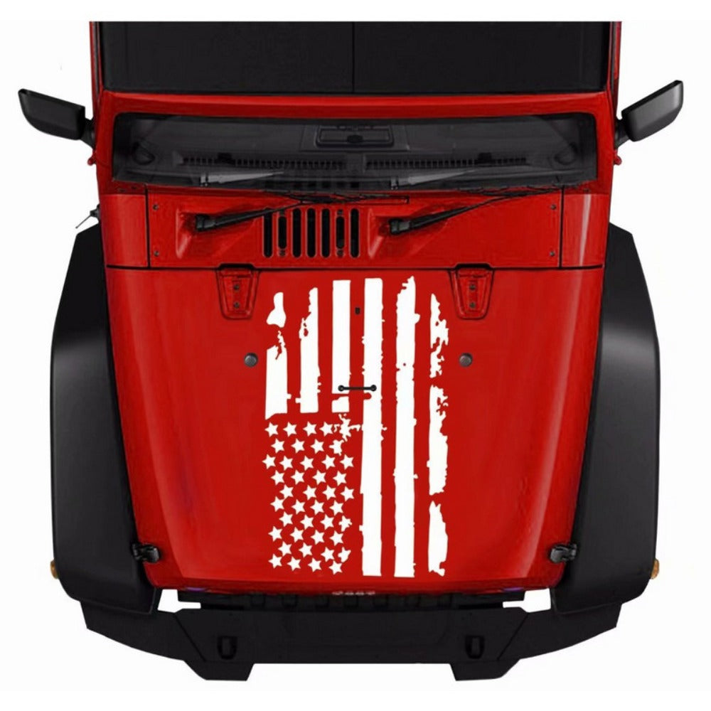 Distressed American Flag Hood Vinyl Decal, 35.4 × 19.7 Inches in Black or Transparent-Base Black