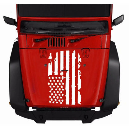 Distressed American Flag Hood Vinyl Decal, 35.4 × 19.7 Inches in Black or Transparent-Base Black
