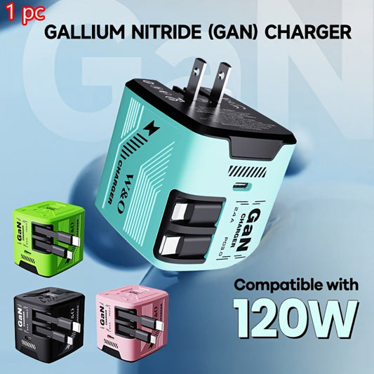 Dual Cable GaN Charger 120W with Built-In 47in Type-C & Lightning Retractable Cables, Foldable Plug – Tangle-Free Fast Charging USB-C Wall