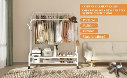 Double Rod Clothes Rack with Wheels Metal Garment Rack with Shelves and Hooks Portable Closet Organizer for Bedroom Living Room Gold