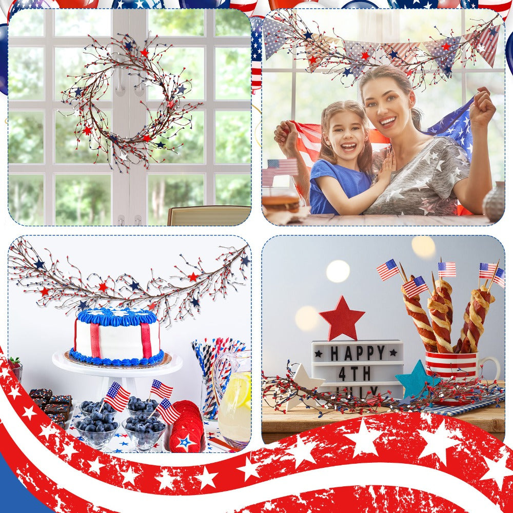4th of July Garland with Fairy Lights 4.5Ft Patriotic Red White Blue Garland for Entryways, Bedrooms and Living Spaces